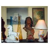 Living Room:  Indian Bust, TV Lamp Horse, Blue & Gold Color Vases, Sail Boat Picture