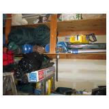 Garage: Coleman Stove, Sleeping Bag Pads, Tent Sleeping Bags, Miter Saw, 