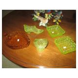 Yellow Vaseline glass Daisy & Button shoe, hat and berry bowls, Amber daisy & Button handled dish