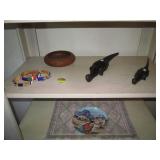 Beaded Braclets-Wood Carved Bowl-2 Hand Carved Alligators--Hand Painted Plate 