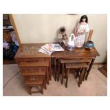 Dining Room: 2 Wood stacking Tables,  Indian Lady Doll, Small Child, Indian Pots