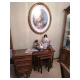 Dining Room: 2 Wood stacking Tables,  Indian Lady Doll, Small Child, Indian Pots, Oval Pictures 