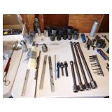 Garage:  Large Extention Bars 3/4", Socket Holders, Large Sockets, Hole Punches, Tec.