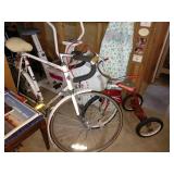 Basement:  Schwinn Bicycle, Vintage Trike, Iron Board, Exercise Bike  
