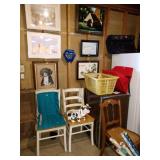 Basement:  Pictures, Wood Chairs, Cane Chair, Small Refrigerator, 