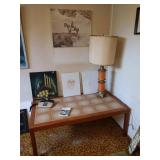 Basement Room Left:  MCM Tile Coffee Table, Table Lamp, Oil Paintings, Small vintage Phone