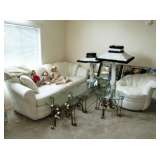 Moss lamps, glass coffee table & side tables, white couch & chair