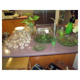 Kitchen Area:  Green Depression Glass, other elegant glass and crystal