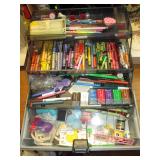 Garage:  In Grey Box-Crayons, Clay, Pencils, Pens, Brushes, Stamp pads, Glue Sticks, Other Stuff
