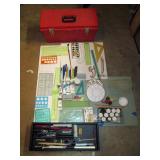 Garage: Art Supplies in Red Box-Paint, Pens, Brushes, Clay, Triangles, Drawing Pencils, Oil Paints, 