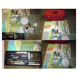Garage: Art Supplies in Red Box-Paint, Pens, Brushes, Clay, Triangles, Drawing Pencils, Oil Paints, 