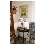 Living Room:  Half-Round Table, Stainglass Lamp, Copper Baby Shoes, Fish, 2 Dogs