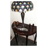 Living Room:  Half-Round Table, Stainglass Lamp, Copper Baby Shoes, Fish, 2 Dogs