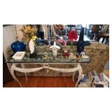 Dining Room: Glass Top Metal Base Table w/a bunch of stuff on it