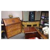 Garage Backroom: Vintage Rose Wood Desk Pioneer Speakers, Black Marble Top Side Board