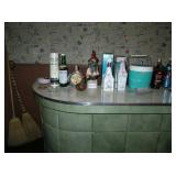 Ice bucket--Empty Collectible Liquor bottles--Washington Pharmacy beer glasses--wine glasses