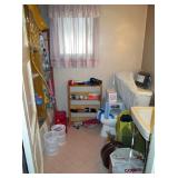 Shelf unit--slippers--Hair dryer new--Waste baskets