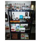 Pharmacy bottles--Beakers-spatulas-(top 2 shelves)  Cards and Pill cardboard containers 