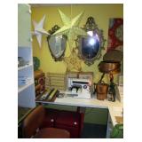 Sears sewing maching Star lights, 2 storage cubes (red), copper pail, Ikea white work table