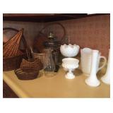 Hand Woven Basket, Milk Glass, and Hurricane Lamp Hand Woven Basket, Milk Glass, and Hurricane Lamp