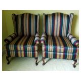 Pr Striped Wing Back Chairs