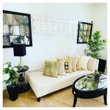 Chaise, coffee table, art, plants