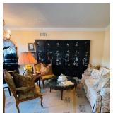 Vintage lacquered Asian screen, Vintage damask sofa 