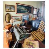 Canvas art, 1950s Olympia type writer and twin blue leather executive swivel chairs