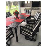 Black Metal Lanai Table w/6 Chairs & Cushions - $150  (42W  75L  29H) 