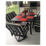 Black Metal Lanai Table w/6 Chairs & Cushions - $150  (42W  75L  29H) 