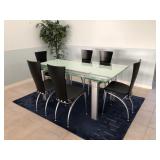 Nickel w/Glass top Draw-leaf Dining Table w/6 Black Chairs - $795