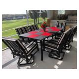 Black Metal Lanai Table w/6 Chairs & Cushions - $150  (42W  75L  29H)
