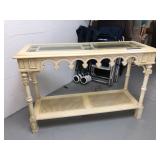 Cream (w/flecks) Sofa Table w/Cane Inserts (bottom), Glass Inserts (top) - $195 -  	(44-1/2W  16D  2
