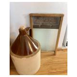 Vintage Crock Jug, Glass Washboard