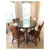 Oak  Dinette w/4 Chairs, 1 Leaf, glass top -$248