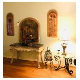 Carved Wood Sofa/Entry Table with Mosaic Marble Top - $169