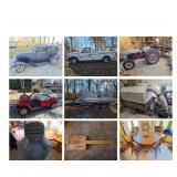 1932 Ford Sedan, 2003 Ford F150, 2018 Pontoon, 1996 Yamaha Gas Golf Cart, Vintage Ford Harvester, To