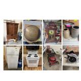 Antique Furniture, Clocks, Crocks, Glassware, Appliances, Home Decor, Lawn Mower, Tools and More
