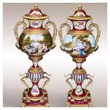 Pair Of Massive Hand Painted French Sevres Style Porcelain Floor Vase Urns