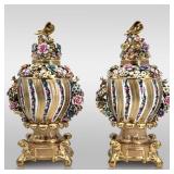 A Fine Pair Of Meissen Style Porcelain Urns Each With Lid, Decorated With Flowers