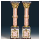 Pair Of Large Classical Style Pink Marble, Faux Marble, And Gilt Columns