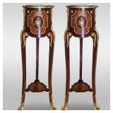 Pair Of Large French Style Wood And Brass Inlay Marble Top Pedestals