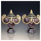 Pair Of French Style Faux Marble And Gilt Floor Vase Urns With Ram Heads And Cherubs