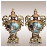 Pair Of European Style Faux Marble And Gilt Floor Vase Urns With Hand Painted Scenes