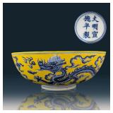 Chinese Imperial Yellow Five Clawed Dragon Porcelain Bowl With Double Ring Six Character Mark
