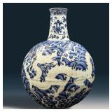 Large Chinese Blue And White Porcelain Dragon Moon Vase