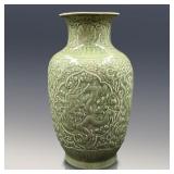 Large Chinese Longquan Glaze Molded Porcelain Vase With Five Claw Dragon