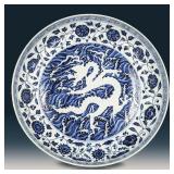 Large Chinese Blue And White Porcelain Dragon Charger