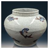 Large Chinese Crackle Glaze Porcelain Jar With Blue And Copper Red Underglaze Fish