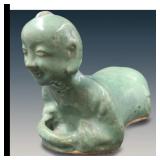 Antique Figural He He Boy Chinese Green Glazed Opium Pillow